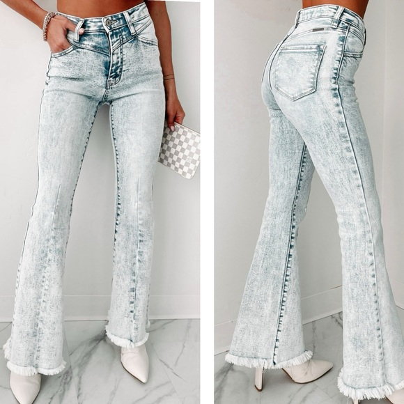 KanCan Flare Jeans High Waist Raw Hem Acid Wash Seamed - Picture 1 of 12